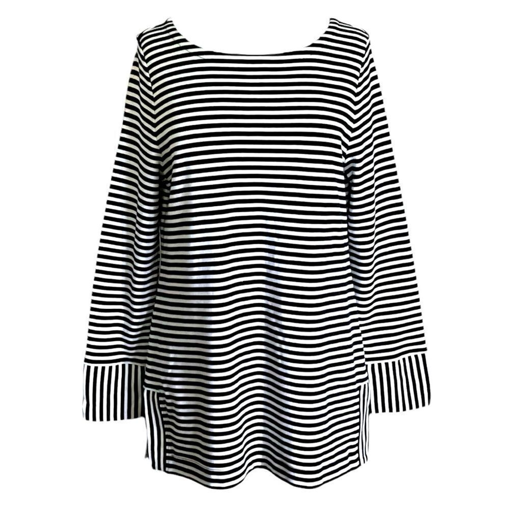 Talbots Womens Tunic Top Sz L Black White Stripe Cotton Pullover Blouse Nautical